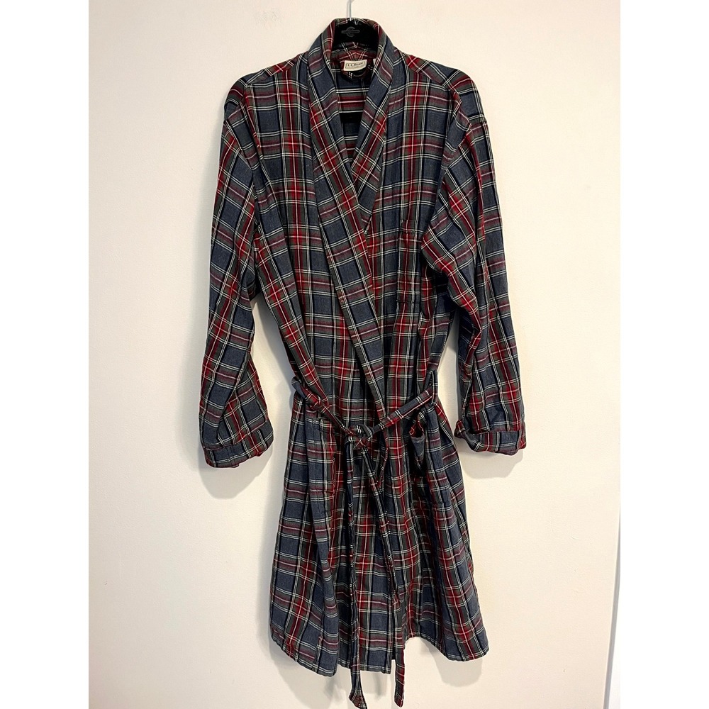 Mens LL Bean Scotch Plaid Flannel Robe Gray Red Green Plaid 100% Cotton Large